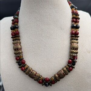 Chico's Beaded Necklace with Gold and Red Accents